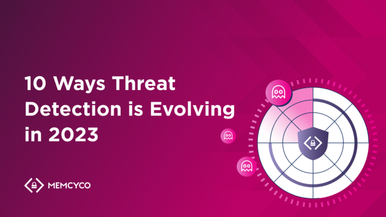 A graphic featuring the text "10 Ways Threat Detection is Evolving in 2023," a radar with ghost icons, and the MEMCYCO logo set against a pink geometric background, highlighting advances in Threat Detection.