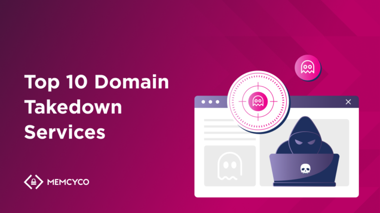 A graphic with the text “Top 10 Domain Takedown Services,” featuring a hooded figure at a laptop, ghost icons, and the MEMCYCO logo on a pink gradient—perfect for showcasing top domain takedown services.