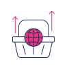 Illustration of a shopping basket with a globe inside and two upward arrows, symbolizing e-commerce growth and the rising impact of global retail.