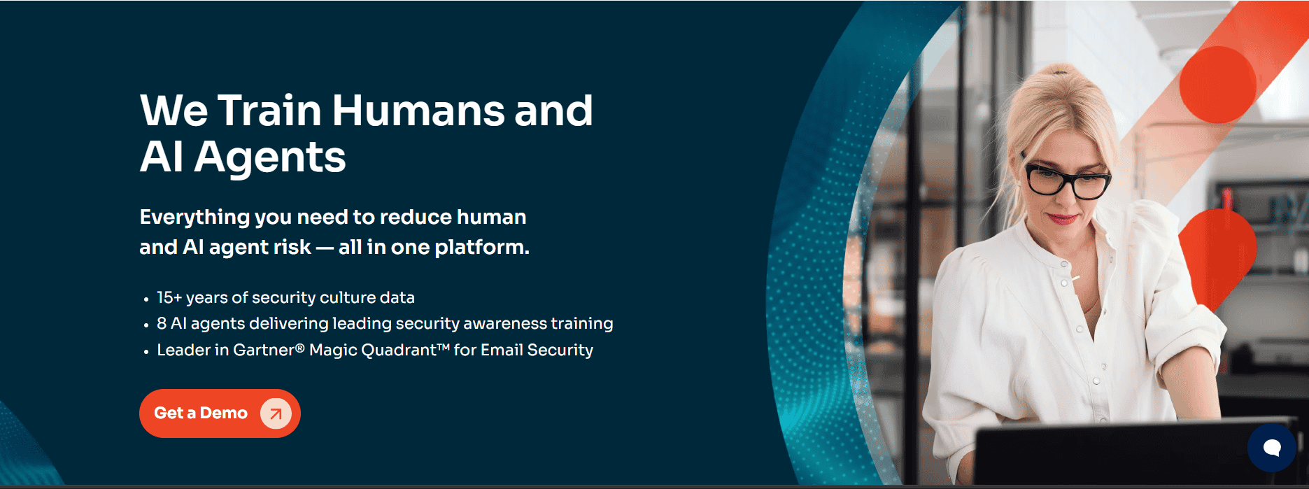 Knowb4 home page featuring the headline “We Train Humans and AI Agents” describing a platform to reduce human and AI agent risk with security awareness training and Get a Demo button.