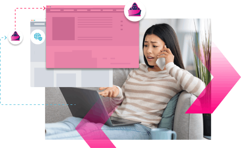 A woman sits on a couch using a laptop and talking on the phone, appearing confused. Overlaid icons and graphics hint at security issues, like MiTM attacks, disrupting her email or online communication.