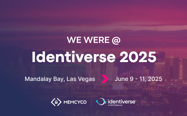 Banner announcing Memcyco at Identiverse 2025, held June 9-11 at Mandalay Bay, Las Vegas. Logos for Memcyco and Identiverse are displayed.